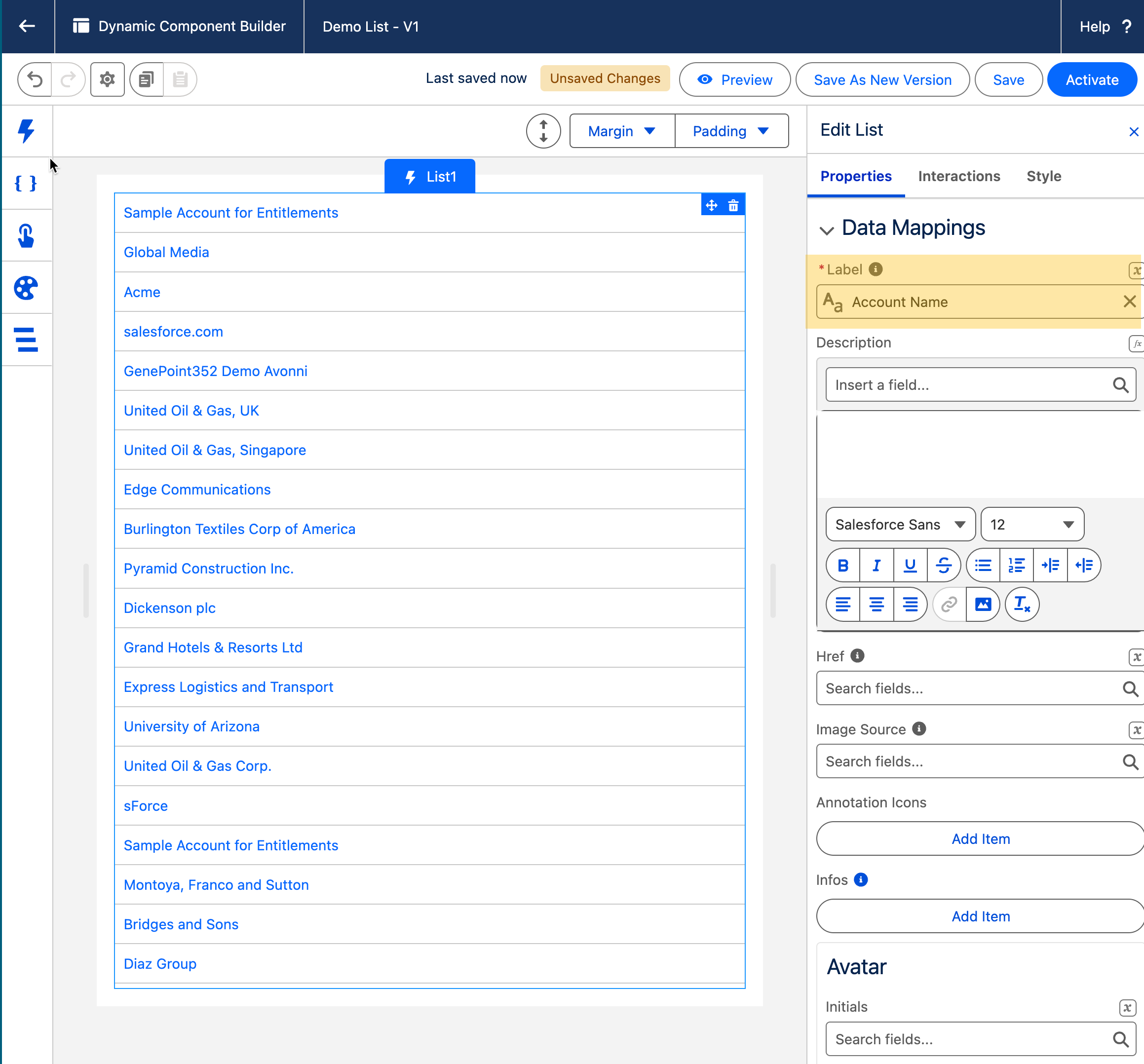 Data Mapping section in the Edit List panel