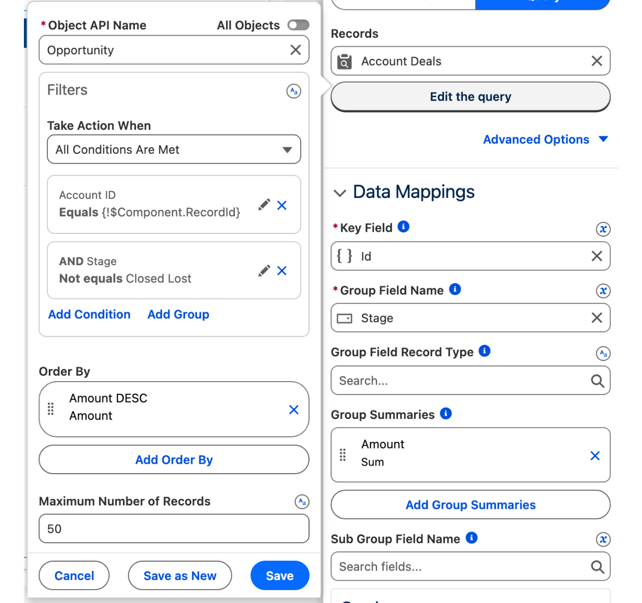 The query editor for Account Deals: Opportunity, filtered on Account ID equals the component Record Id and Stage not equal to Closed Lost, ordered by Amount descending, 50 records maximum