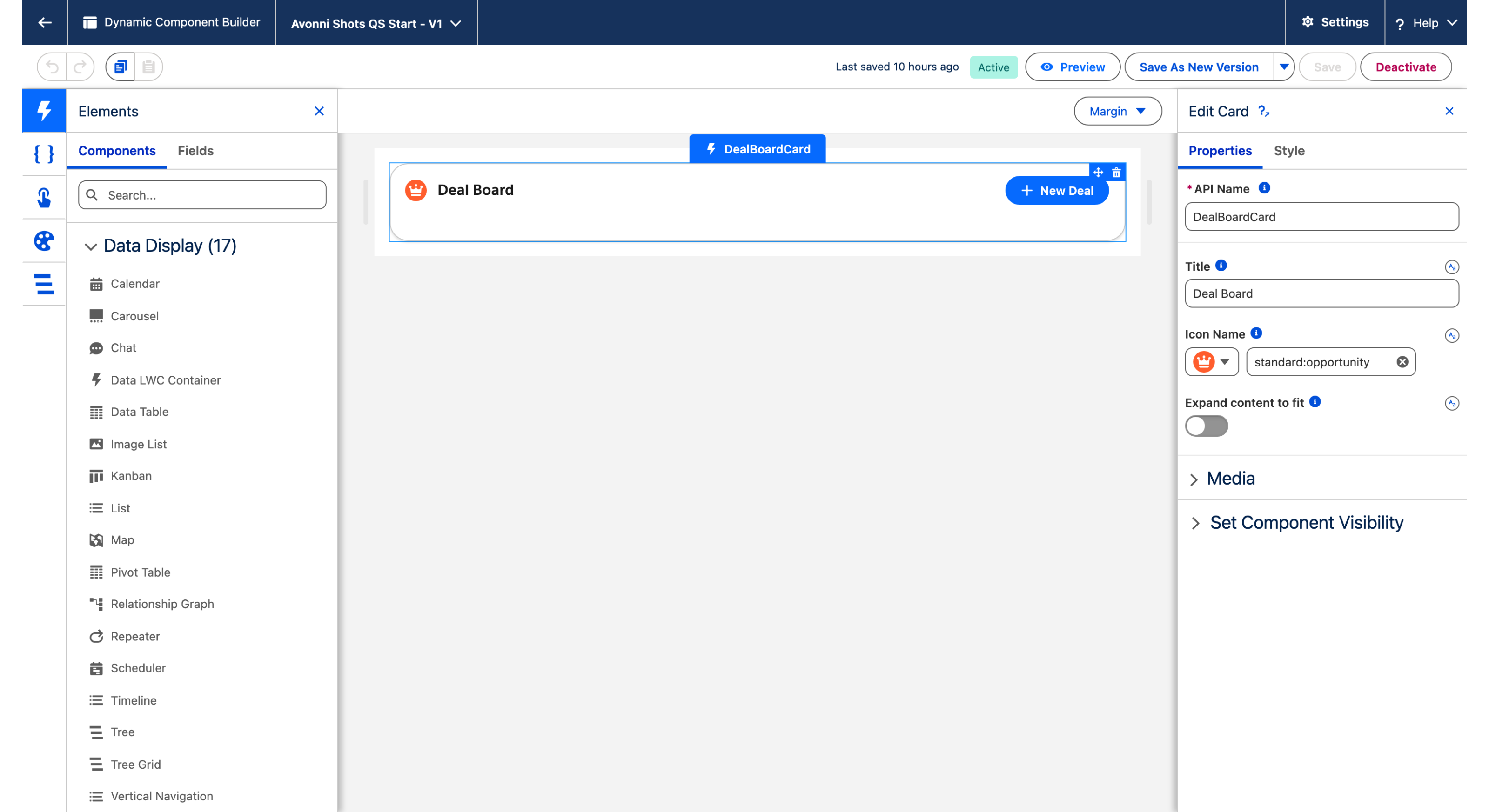 The Component Builder: the Elements panel listing Data Display components on the left, a Deal Board card with a New Deal button selected on the canvas, and the Edit Card properties panel on the right