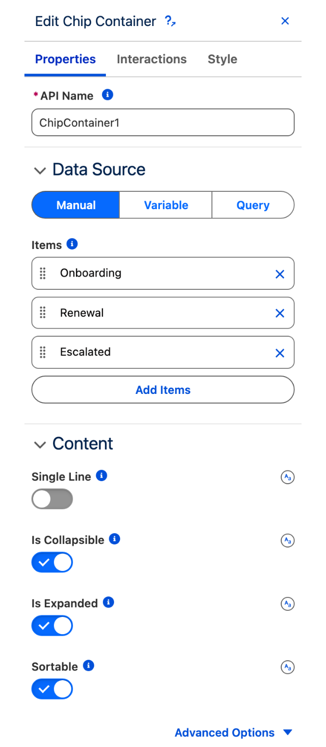 The Properties tab of the Edit Chip Container panel, showing the Manual, Variable and Query data source switch above the Items list and the Content settings