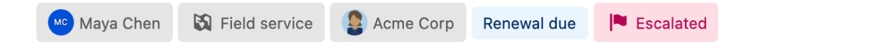 Five chips, one with initials, one with an icon in a square avatar, one with a photo, one with custom background and text colors, and one combining a variant with an icon avatar