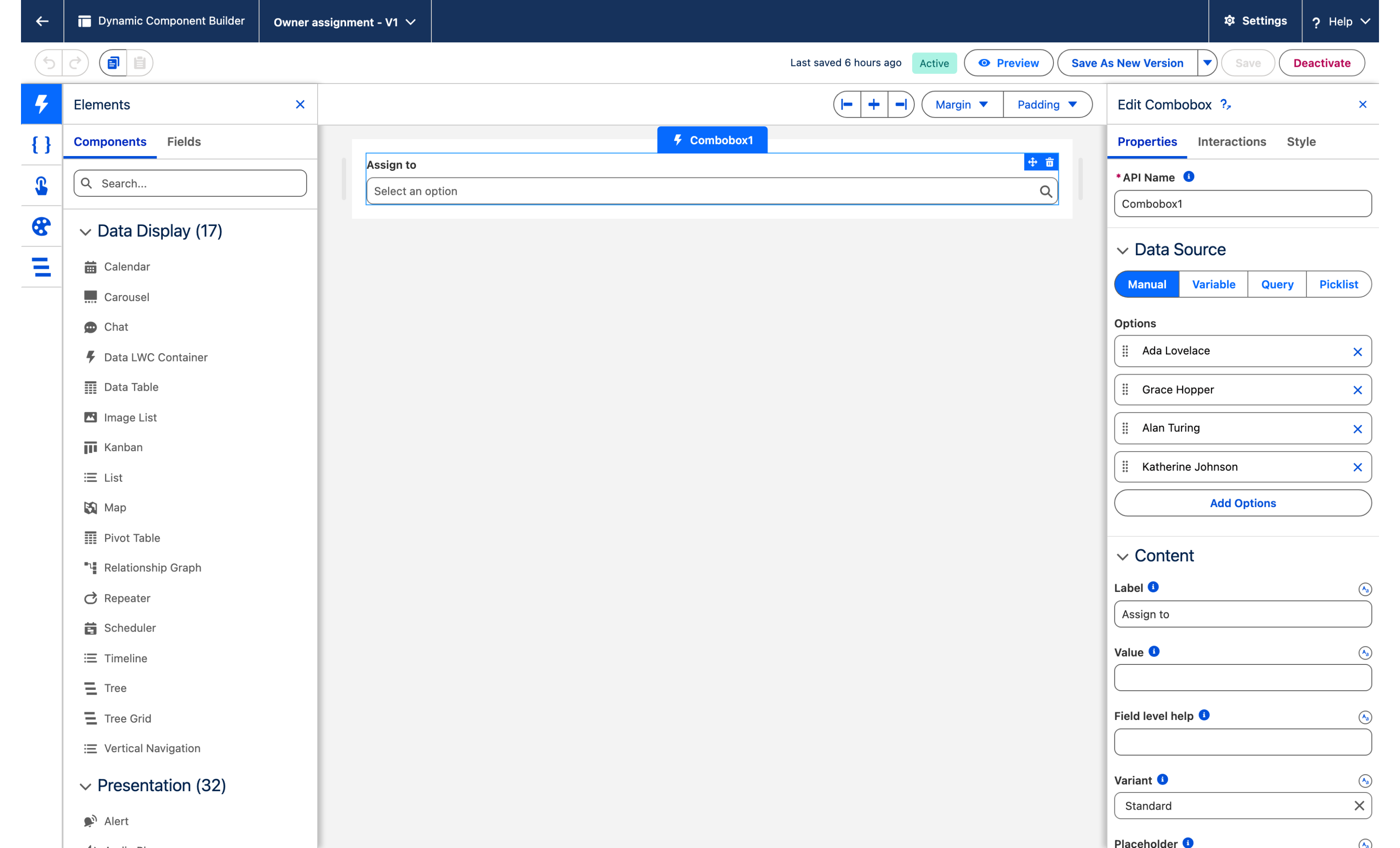 The Component Builder with a Combobox selected on the canvas and the Edit Combobox panel open on the right