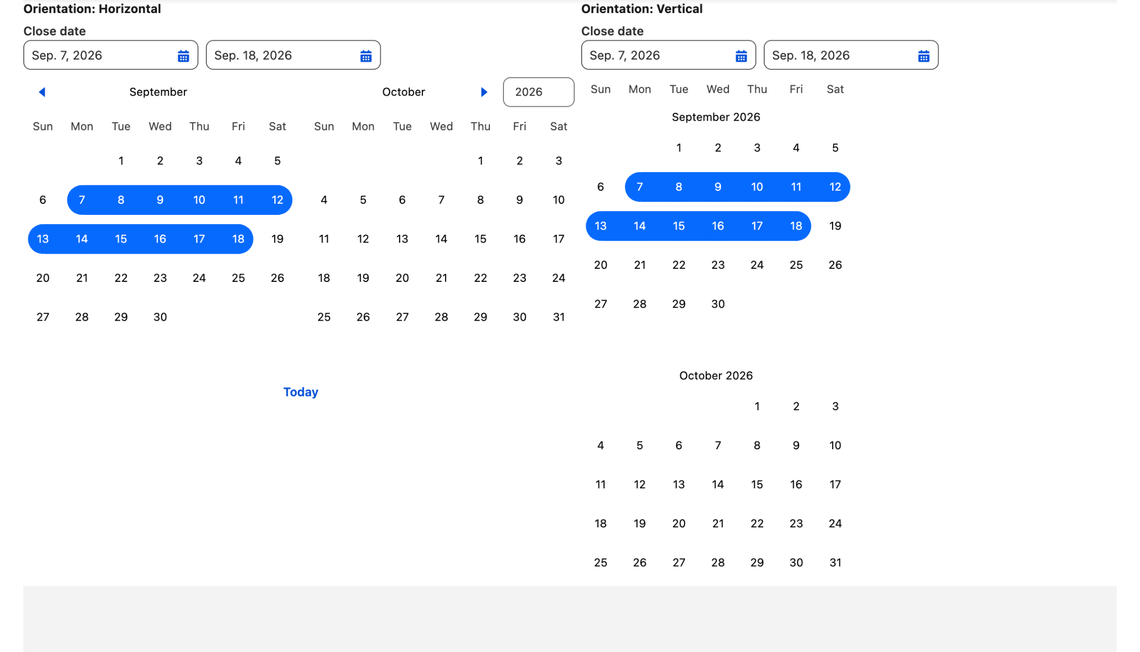 The expanded calendar in horizontal orientation with two months side by side, and vertical with two months stacked