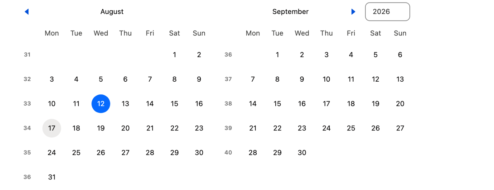 Two calendar months side by side for August and September 2026, each row prefixed by its ISO week number and each week starting on Monday