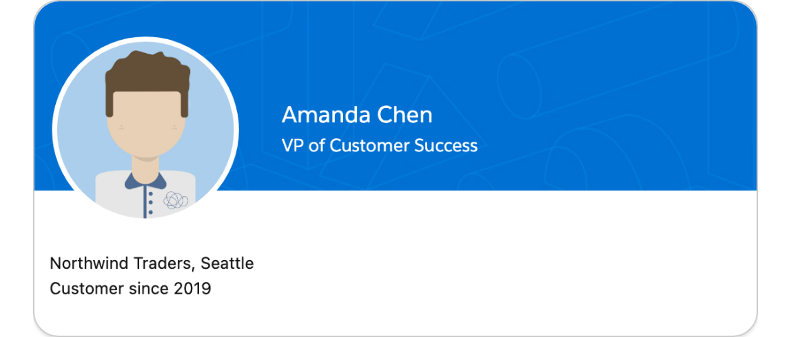 A Profile Card with a blue banner, a circular avatar over it, a title, a subtitle and two lines of body text