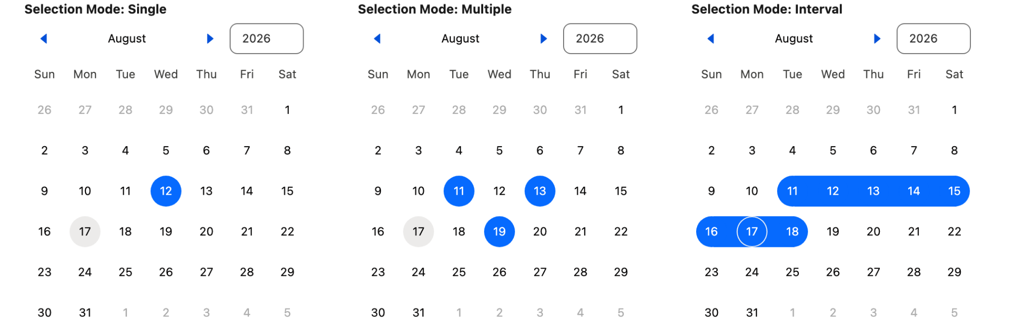 Three calendars for August 2026, the first with one date selected, the second with three separate dates selected, the third with a continuous range highlighted from the 11th to the 18th