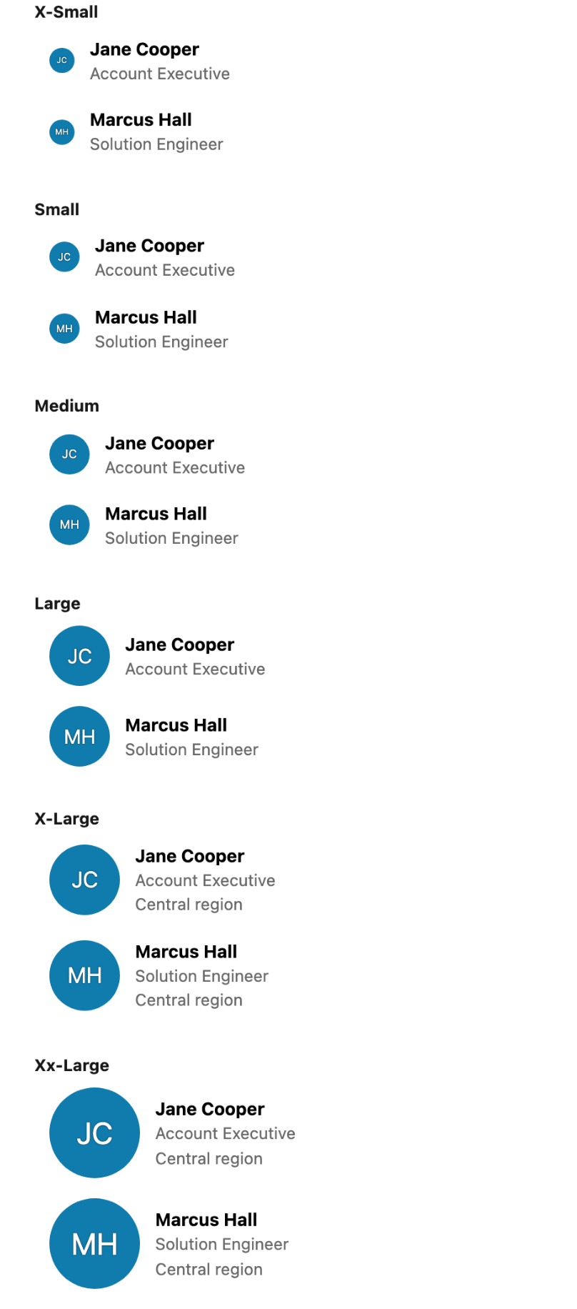The six sizes of the Avatar Group in the List layout