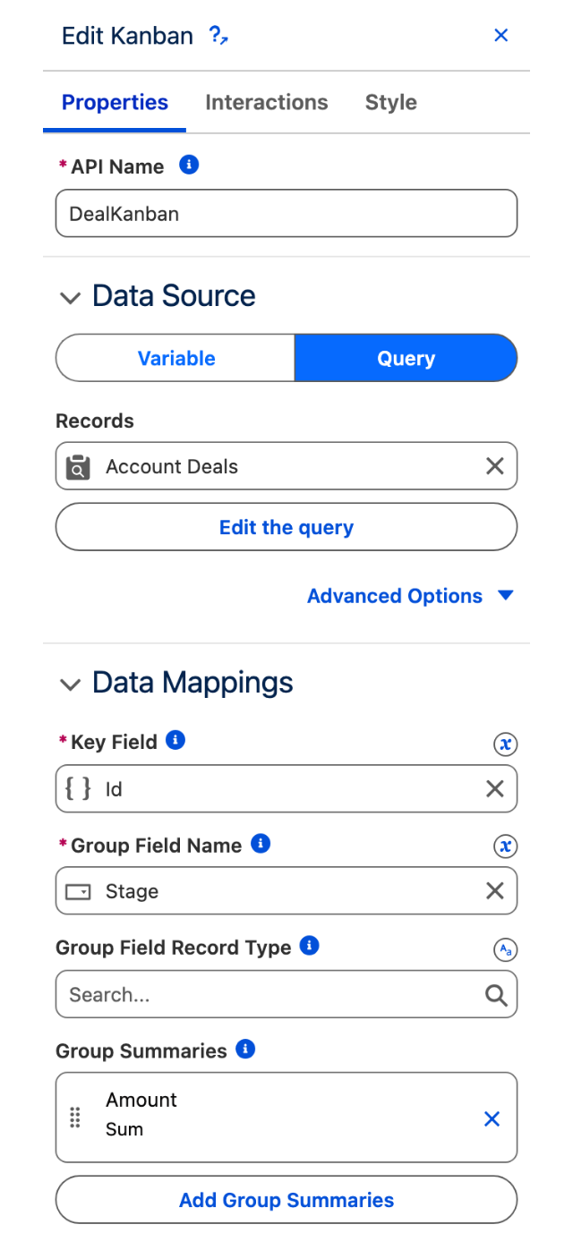 The Edit Kanban panel: Data Source set to Query with the Account Deals records, Key Field Id, Group Field Name Stage, and a Group Summary of Amount with Sum