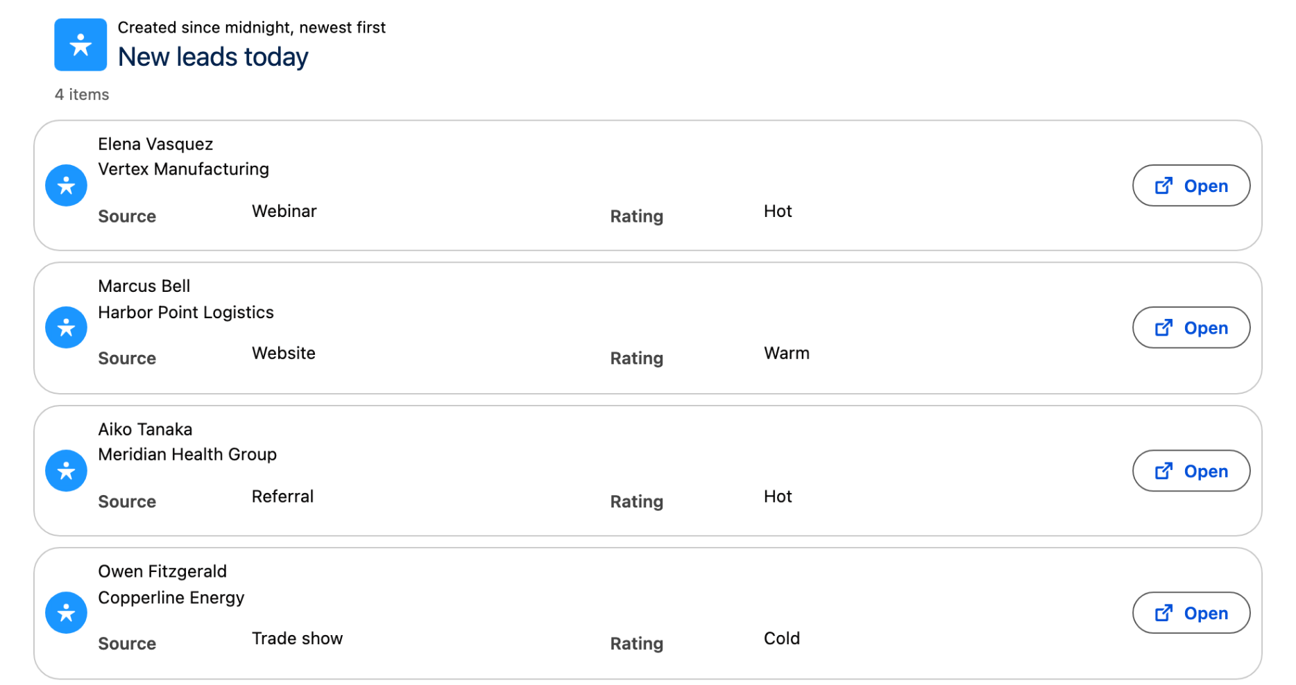 A list of four new leads, each row showing source and rating with an Open button on the right