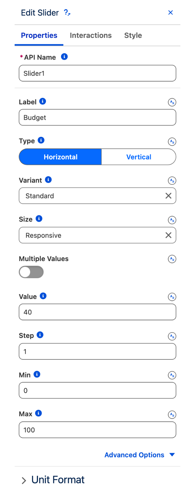 The Edit Slider panel showing Label, Type, Variant, Size, Multiple Values, Value, Step, Min and Max above the Advanced Options link and the collapsed Unit Format section