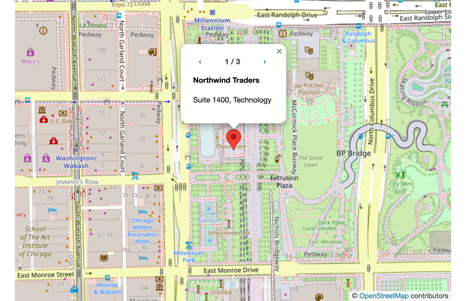 A map marker popup showing the first of three records, with arrows and a 1 / 3 counter