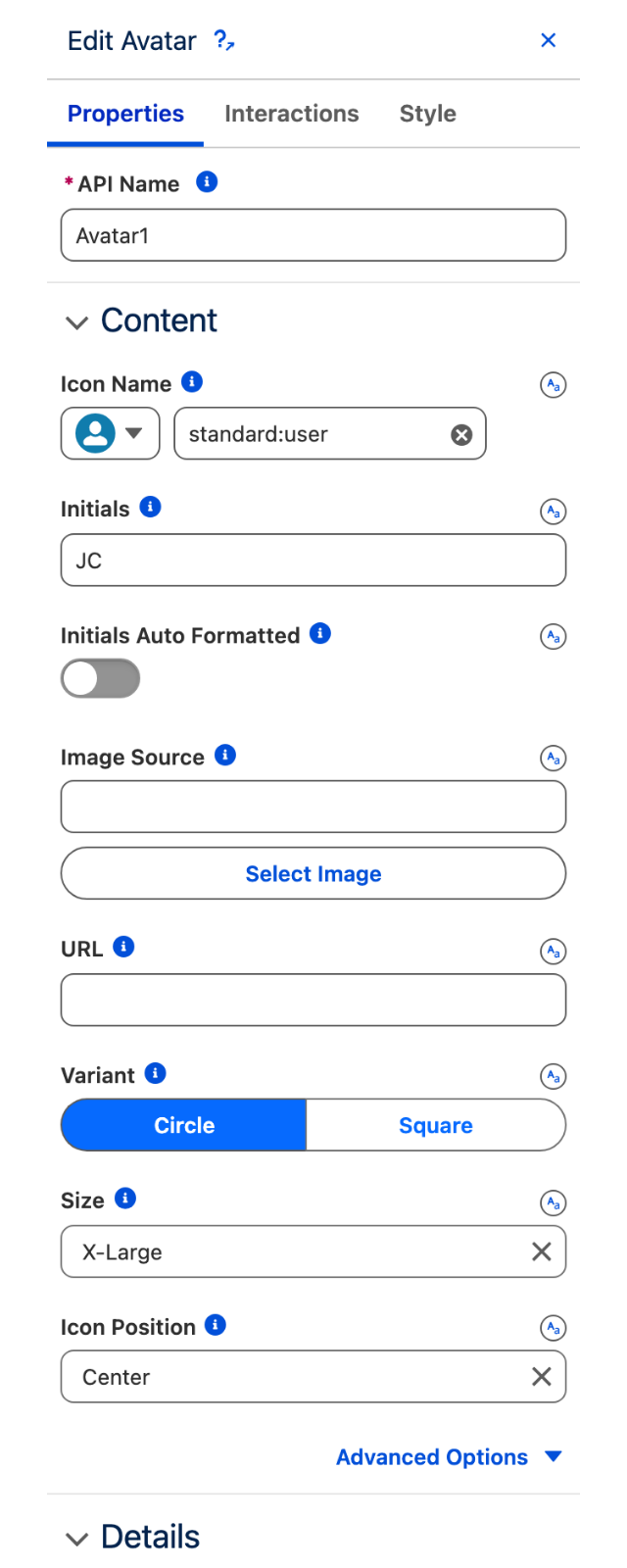The Properties tab of the Edit Avatar panel