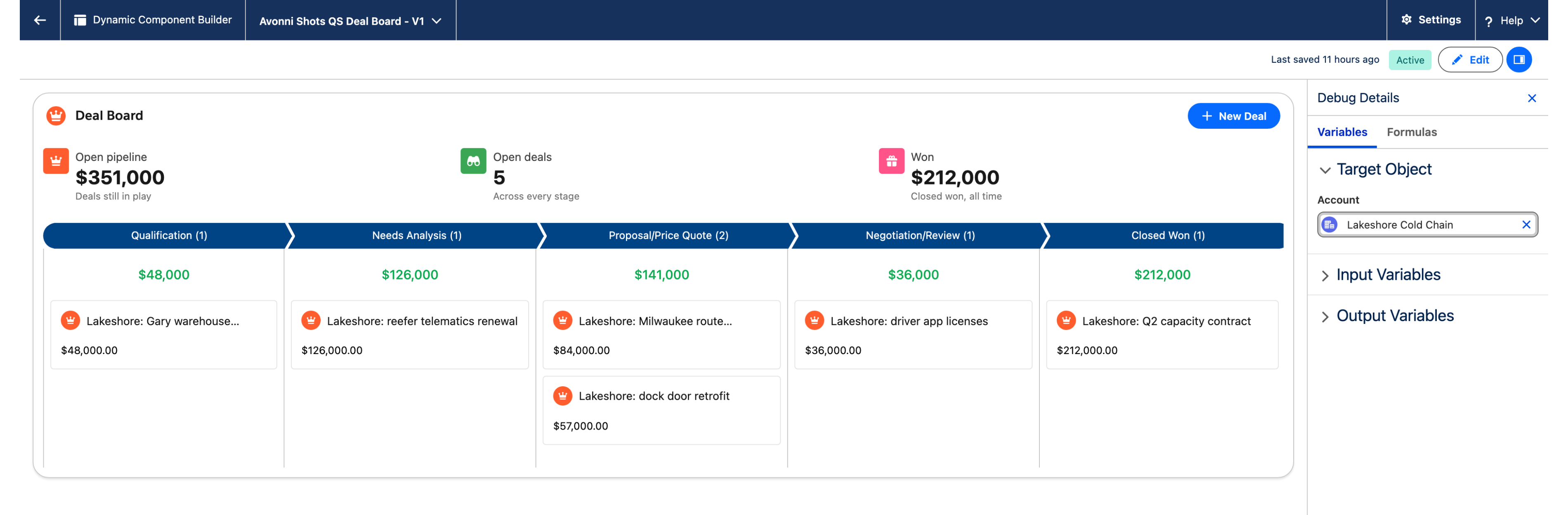 The Deal Board in Preview mode, with Lakeshore Cold Chain picked as the Target Object in the Debug Details panel: $351,000 open pipeline, 5 open deals, $212,000 won, and the account's deals across five stages
