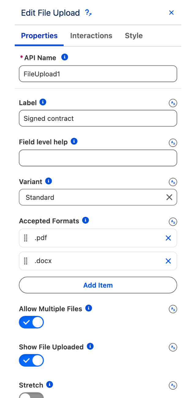 The Edit File Upload panel showing the Properties tab