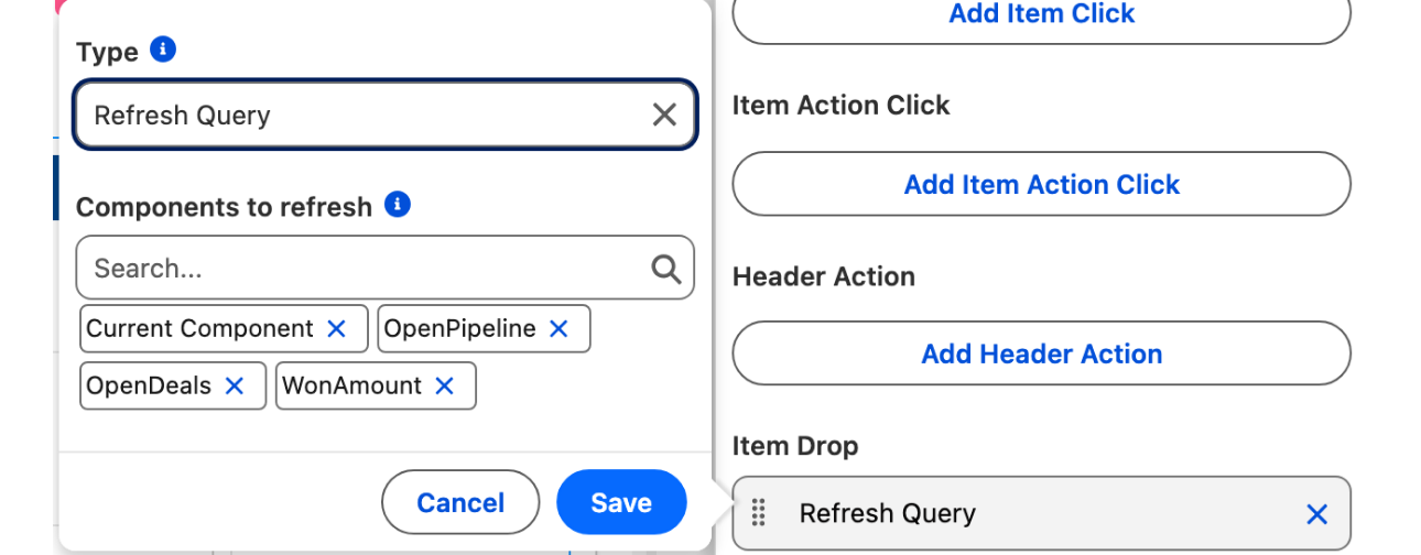 The Refresh Query action on the Kanban's Item Drop event, refreshing Current Component, OpenPipeline, OpenDeals and WonAmount