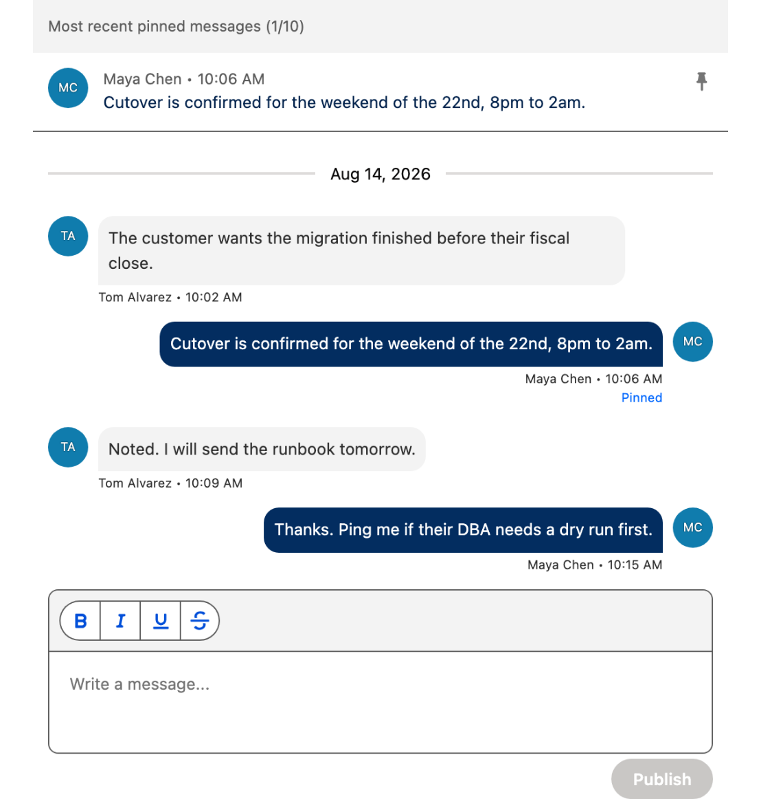A pinned message, listed in the banner above the conversation