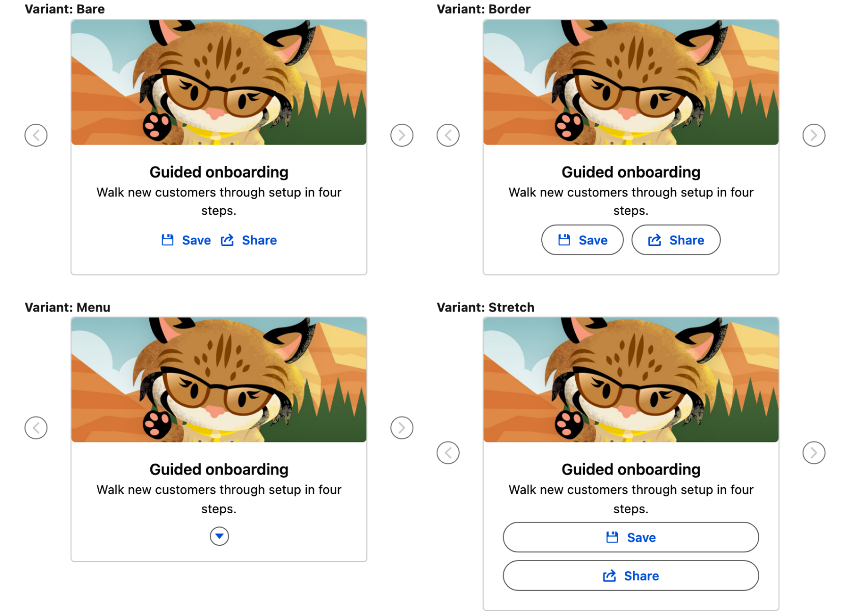 The four action button variants, at the default Bottom Center position