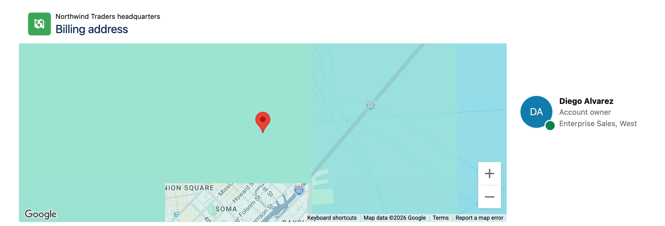A map pinned on a billing address in San Francisco, with the account owner's avatar and details beside it